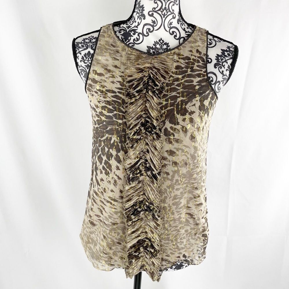Tibi Metallic Ruffle Animal Print Silk Shell Tank